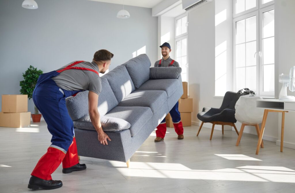 Two moving professionals pick up a couch so their senior clients don’t have to worry about the moving part of downsizing.