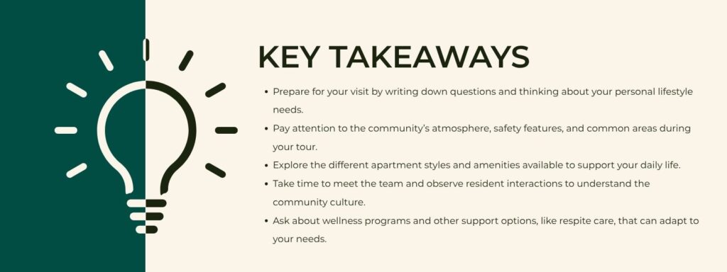 infographic that says 'Key Takeaways
Prepare for your visit by writing down questions and thinking about your personal lifestyle needs.
Pay attention to the community’s atmosphere, safety features, and common areas during your tour.
Explore the different apartment styles and amenities available to support your daily life.
Take time to meet the team and observe resident interactions to understand the community culture.
Ask about wellness programs and other support options, like respite care, that can adapt to your needs.'