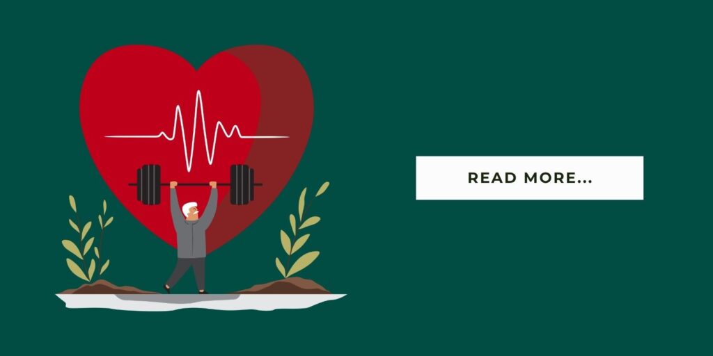 Blog Header Illustration of a senior lifting weight with a heart symbol in the background and it says 'read more