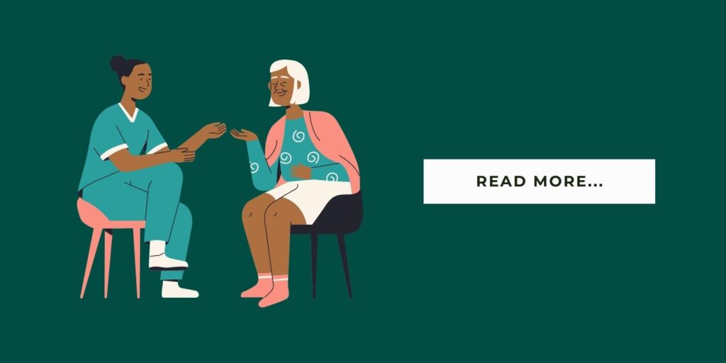 An illustration of a caregiver and a senior chatting with a button that says, "Read More..."